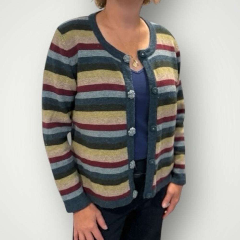 Vintage Tulchan Lambswool Turquoise Burgundy Striped Cardigan Sweater Size XL